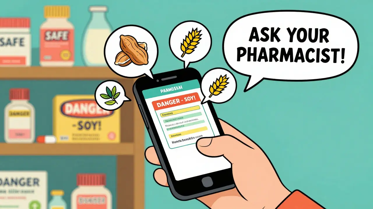 Person scanning medicine label with app, cartoon allergens popping up, Hanna-Barbera style illustration