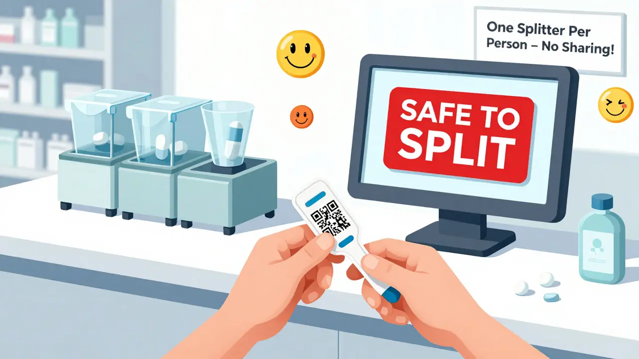 Pharmacist giving a personalized pill splitter with a safety confirmation screen.