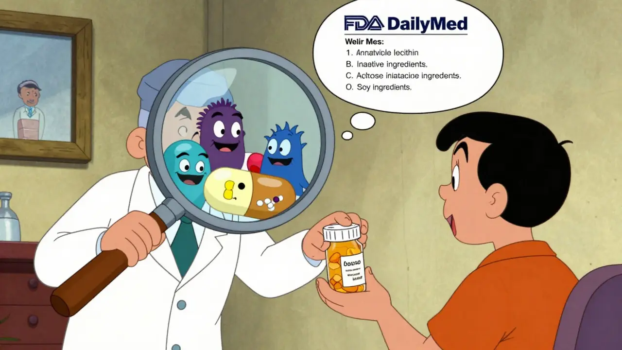 Pharmacist giving pill bottle with hidden allergen monsters visible in package insert, Hanna-Barbera style