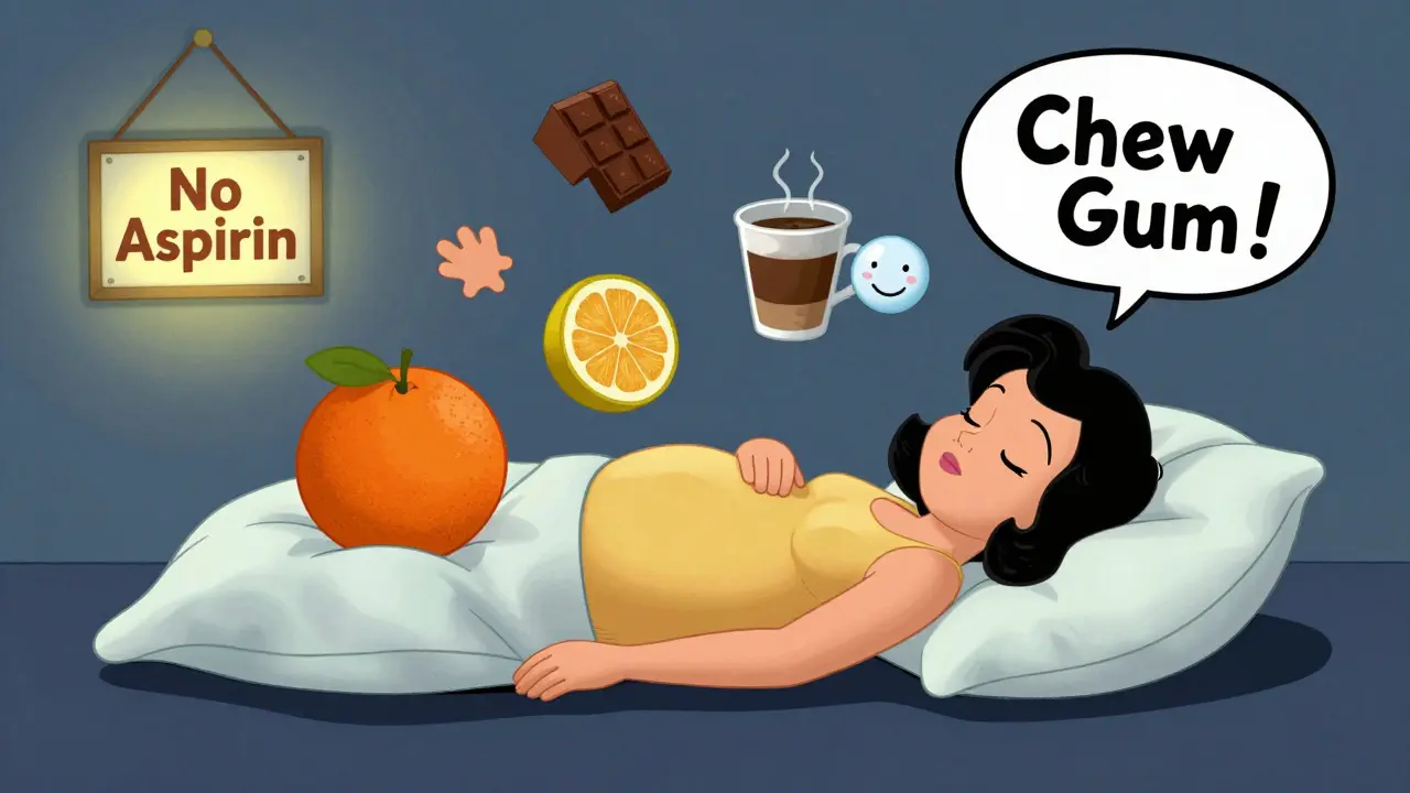 Pregnant woman sleeping elevated, with unwanted foods pushed away and 'No Aspirin' sign visible.