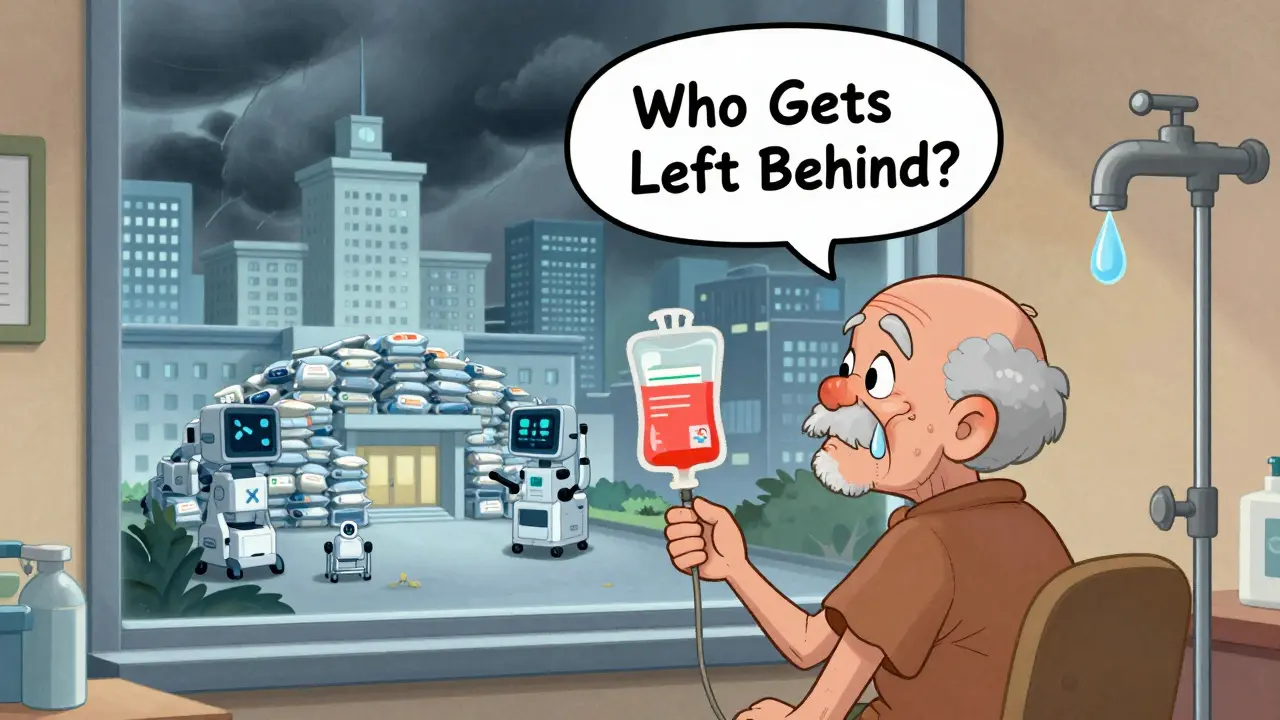 Rural patient with empty IV bag beside a well-stocked urban hospital, symbolizing unequal access.