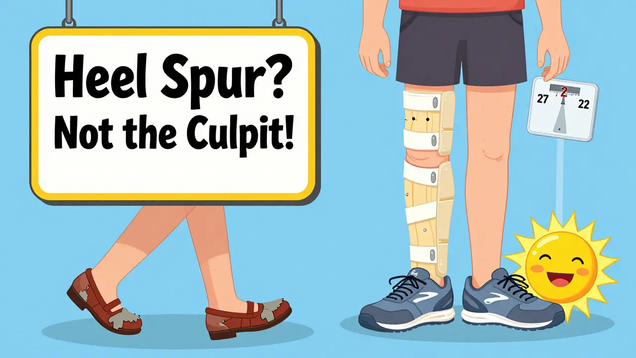 Split scene: bad shoes vs supportive shoes with night splint and weight loss.