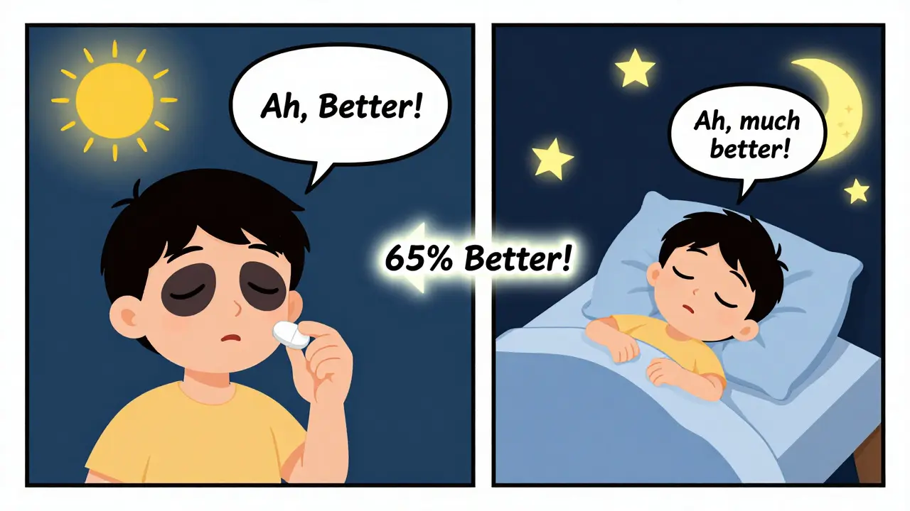 Split scene showing morning vs nighttime pill intake, with one side exhausted and the other peacefully asleep.