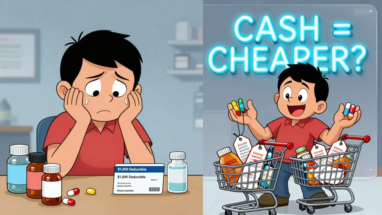Split scene: stressed patient with insurance vs. relaxed patient holding cheap pills and savings tags.