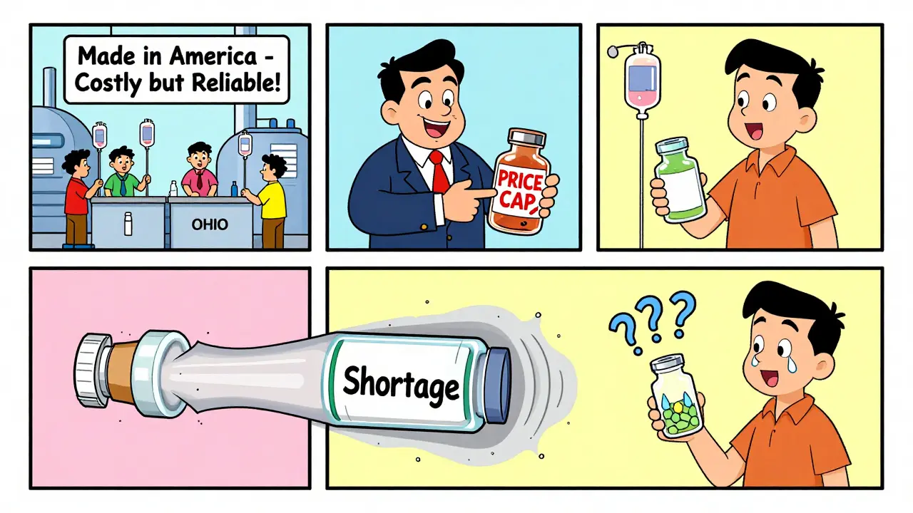 Three-panel cartoon: new U.S. factory, price cap stamp, and medicine vanishing into a shortage vortex.