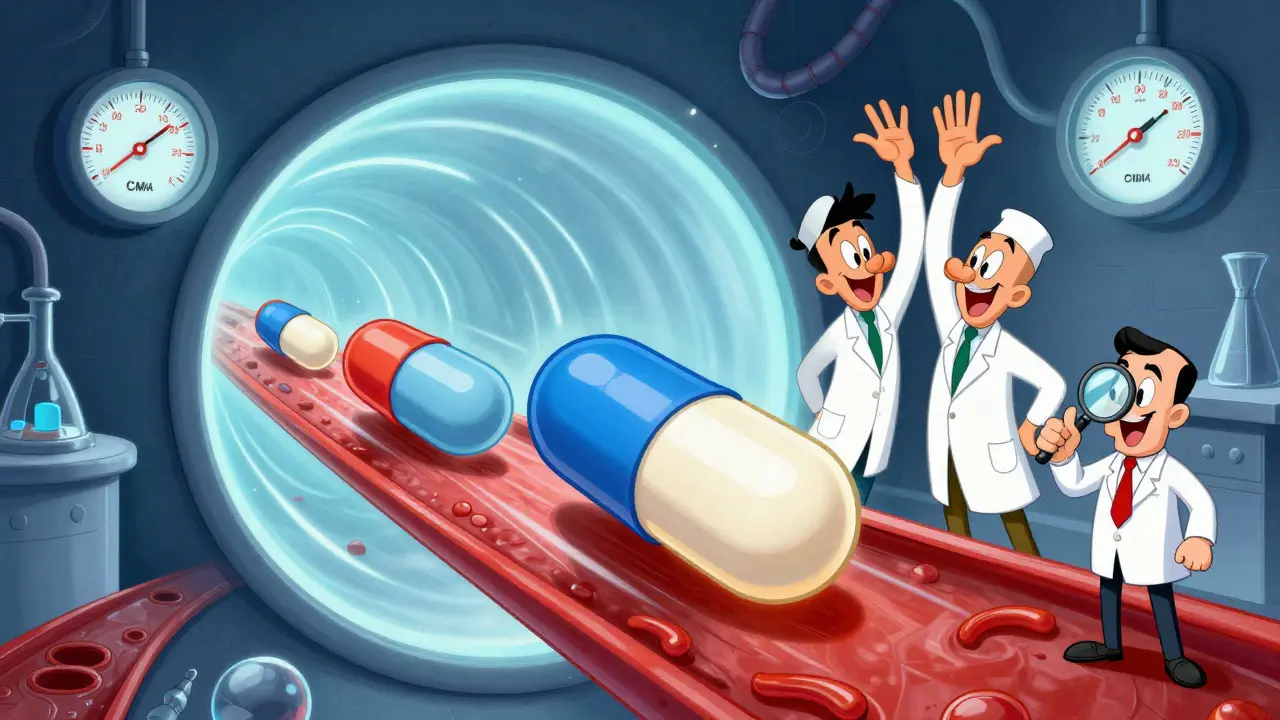 Two pills race through a bloodstream with science graphs showing bioequivalence in a cartoon lab.