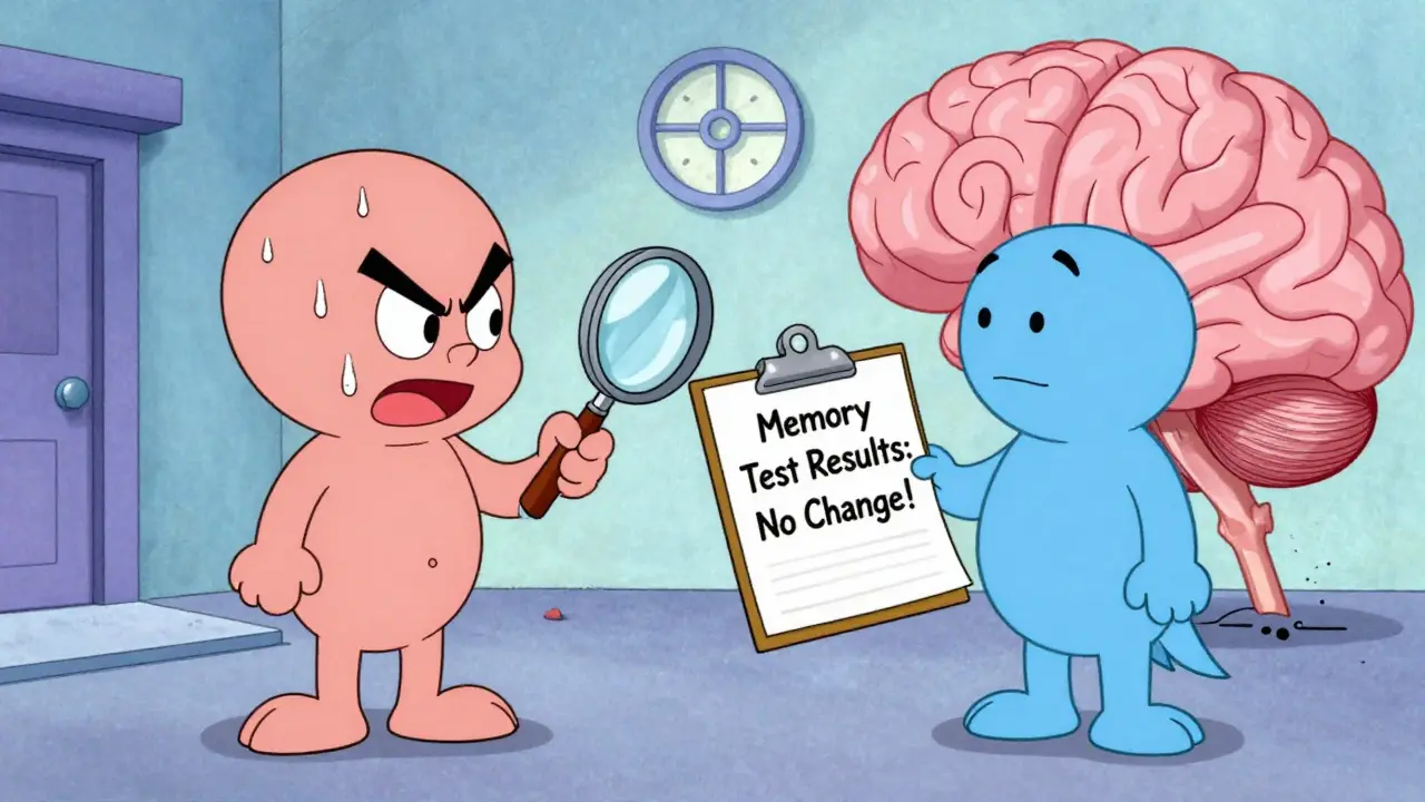 Two statin characters—one sneaky, one calm—facing off with a brain and memory test clipboard.