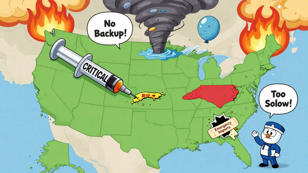 U.S. map with drug vials popping over disaster zones, FDA worker patching holes with duct tape.