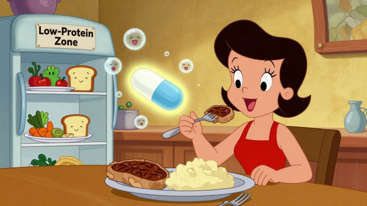 Woman eating dinner steak as levodopa pill smoothly enters bloodstream, low-protein meals on fridge