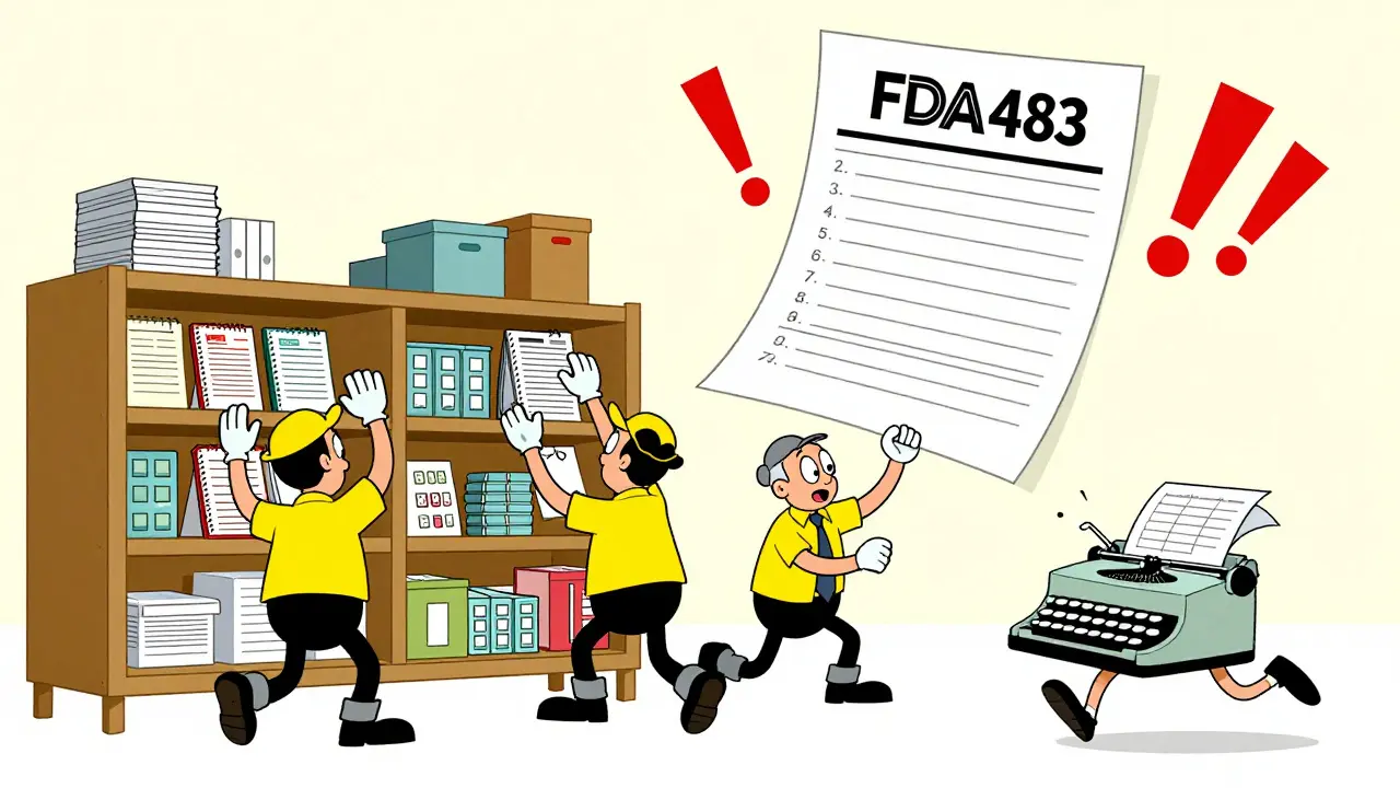 Workers organizing records as a floating FDA 483 form looms with comic chaos.