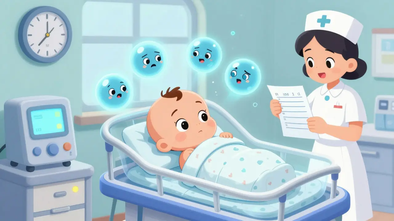 A baby in a NICU incubator with cartoonish medical devices and floating blue drug molecules above.