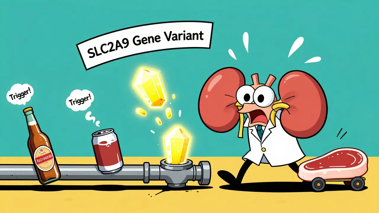 A comical kidney trying to flush uric acid crystals while beer, soda, and steak cause trouble.