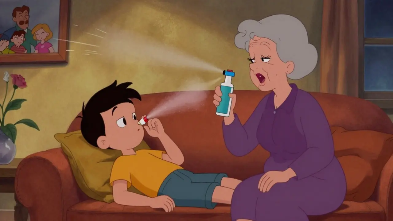 A grandmother uses naloxone nasal spray on an unresponsive teen in their living room at night.