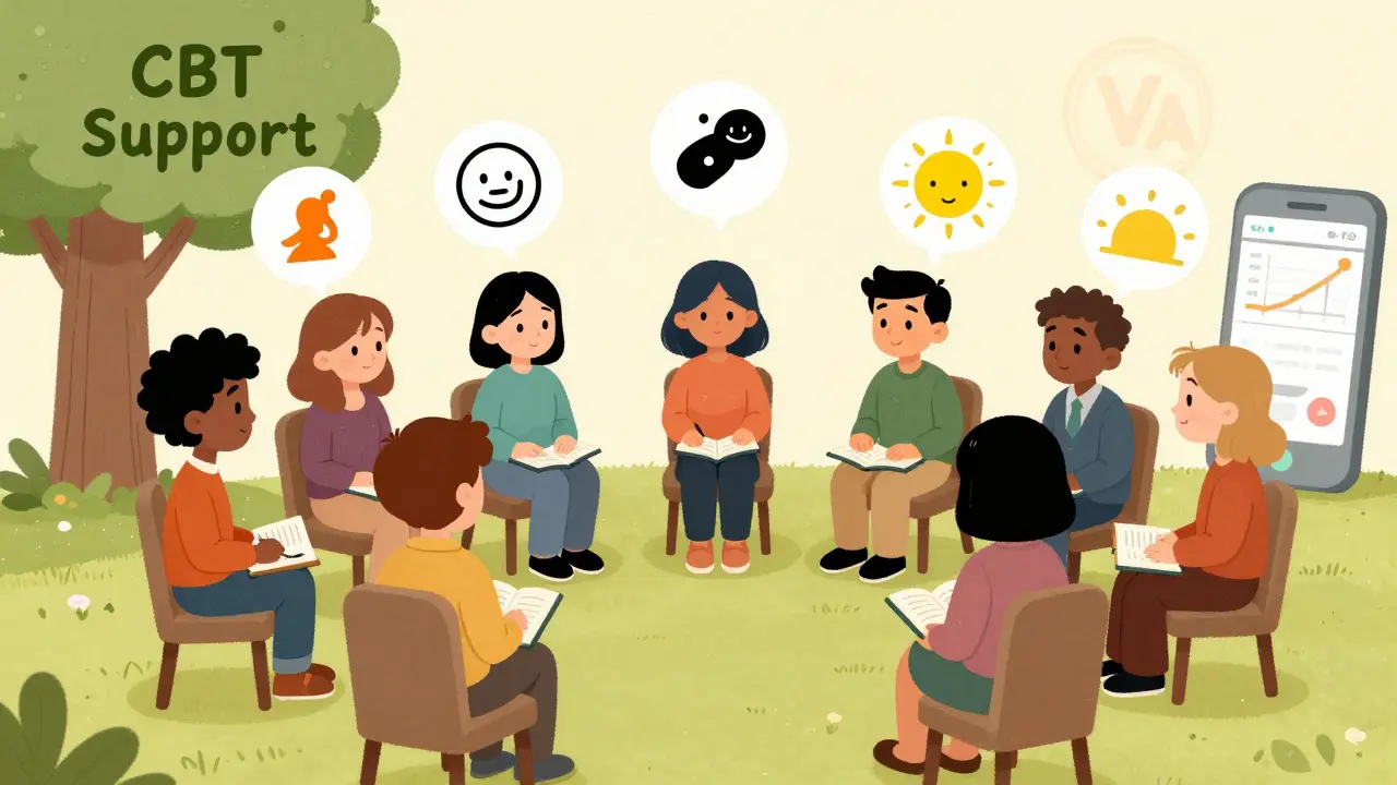 A group of people in therapy, journaling and practicing breathing exercises for benzodiazepine tapering support.