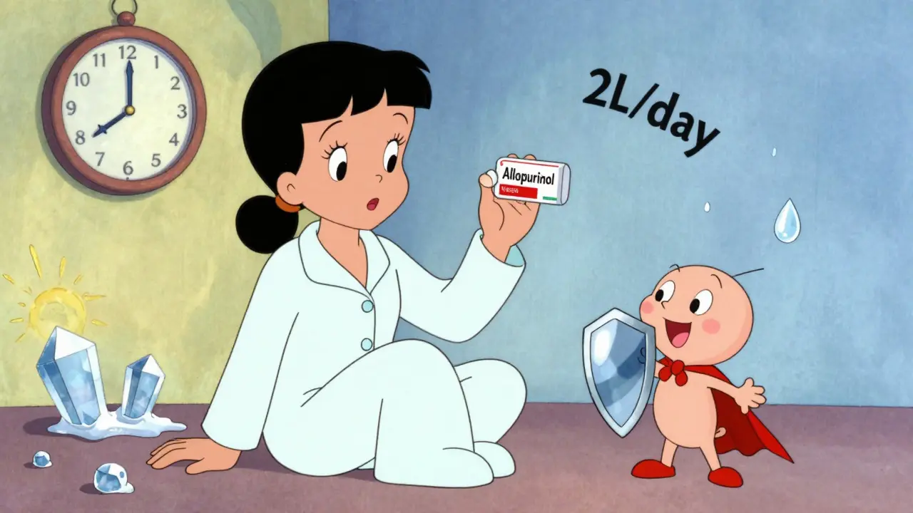 A patient taking medication as a tiny colchicine hero blocks crystals, with melting tophi in background.