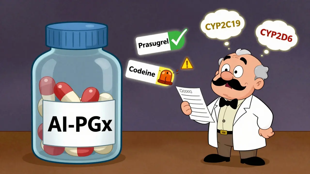 A pharmacist beside a pill dispenser showing gene-matched medications, with glowing DNA bubbles above a surprised patient.