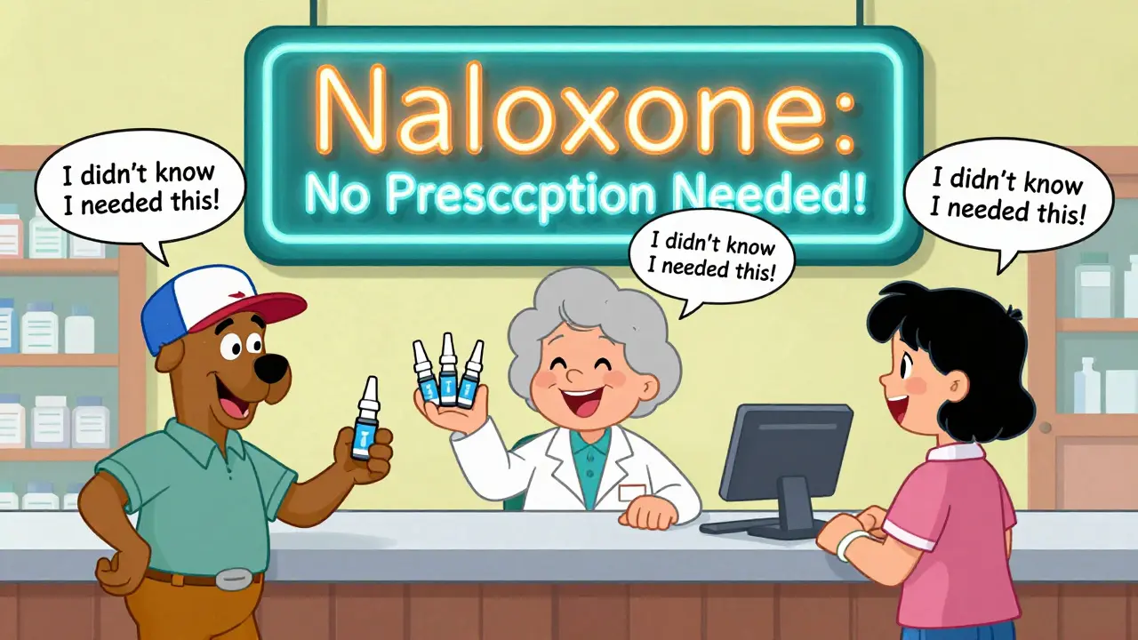 A pharmacist hands naloxone nasal sprays to three diverse customers at a rural pharmacy counter.