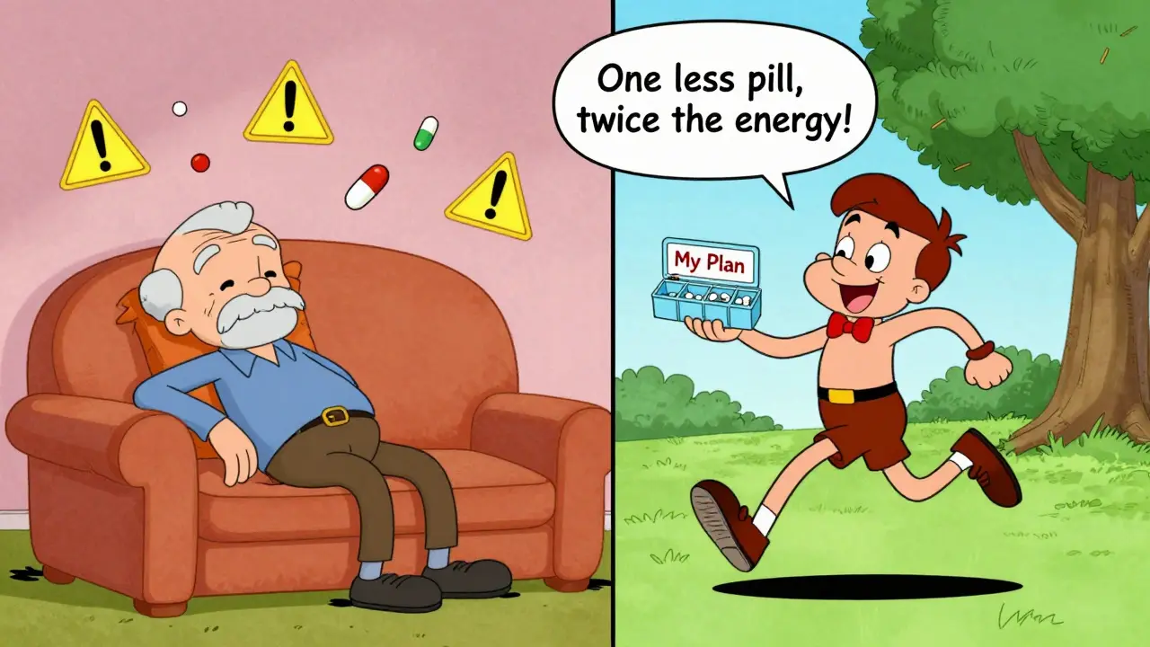 A senior transforms from tired and overwhelmed to energetic and happy after a medication review.