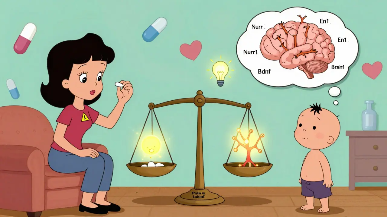 A split cartoon scene comparing gabapentin use during pregnancy to potential effects on fetal brain development.