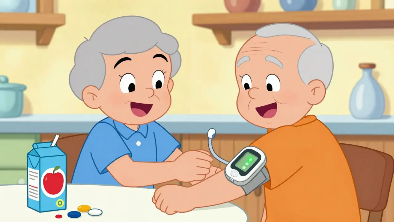 Caregiver assisting older adult using CGM device with green alert light.