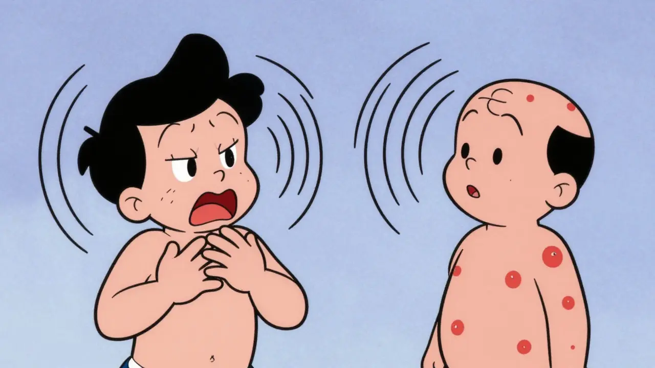 Character showing anaphylaxis symptoms: throat swelling and breathing trouble.