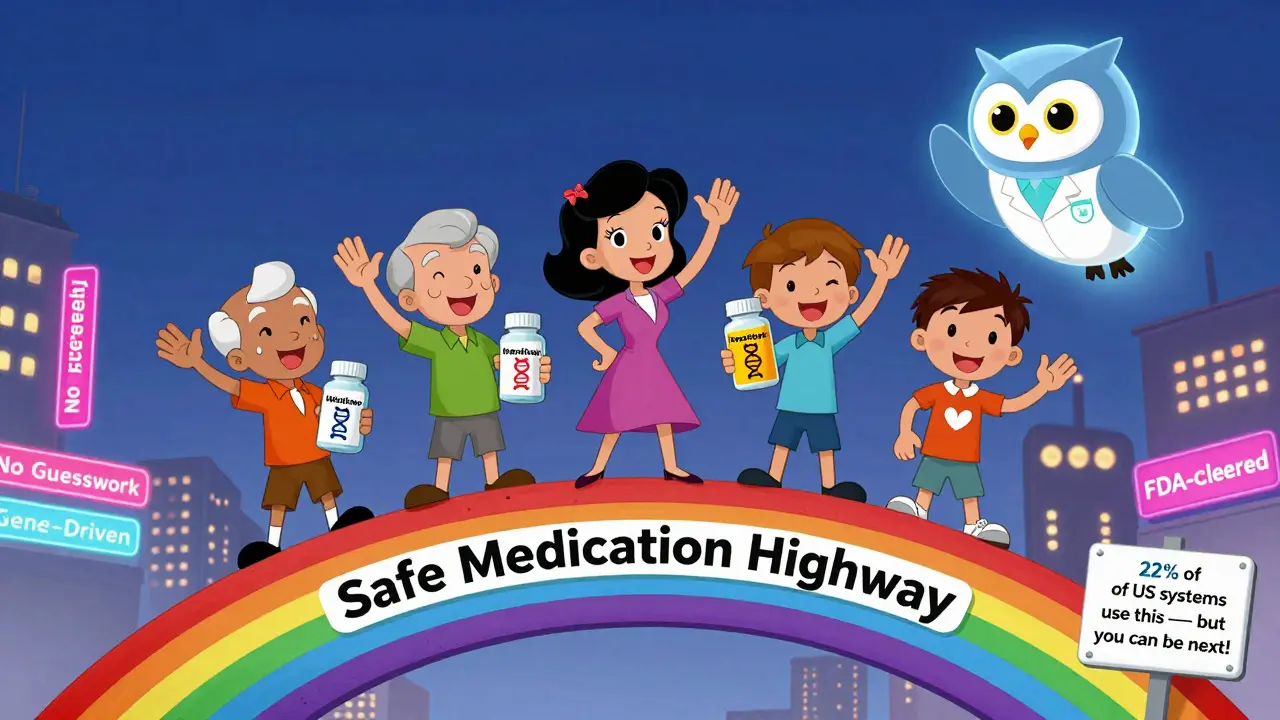 Diverse patients walking on a rainbow bridge of safe meds, guided by an owl-shaped AI avatar in a cartoon cityscape.