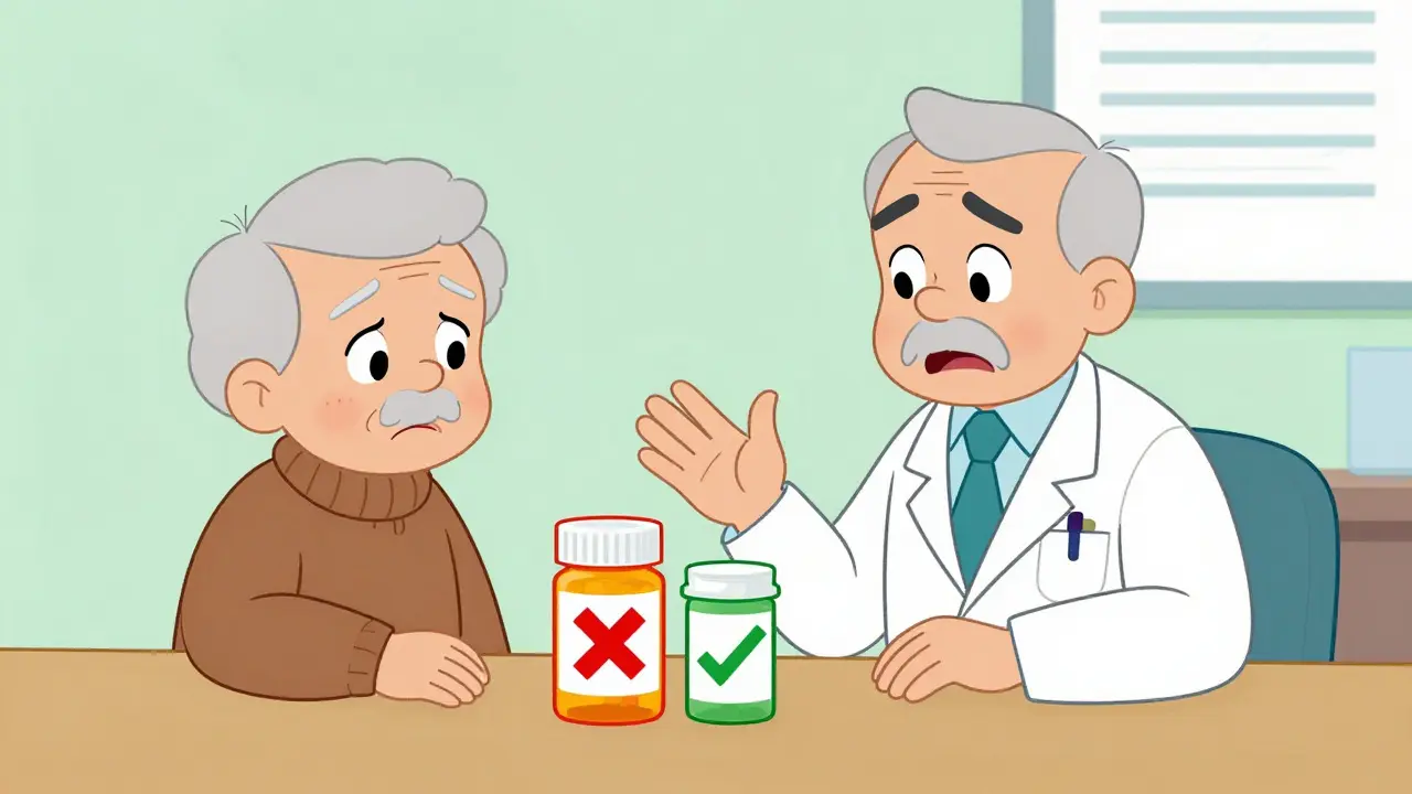 Doctor reviewing medication bottles with red X and green checkmark.