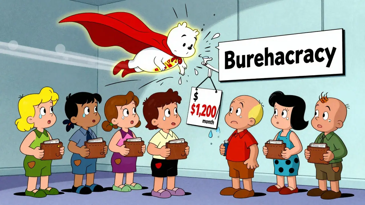 Patients staring at expensive drug prices as a bill flies in like a superhero to lower costs.