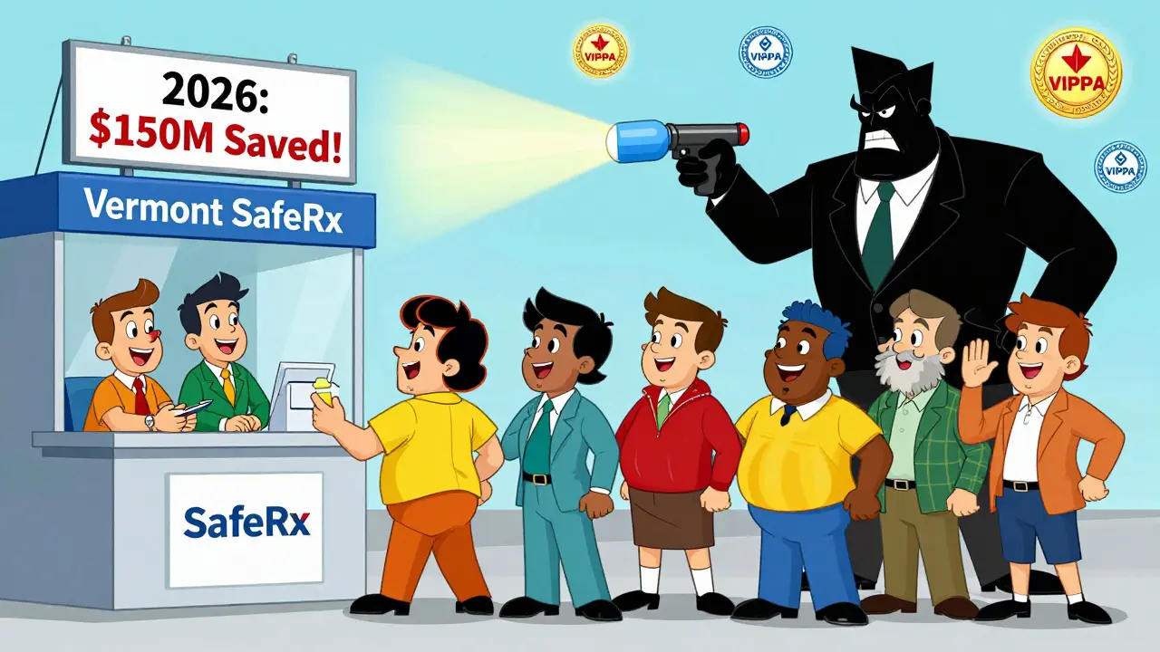 People celebrate at a state-run drug importation kiosk as a villain tries to shrink medicine with a ray gun.