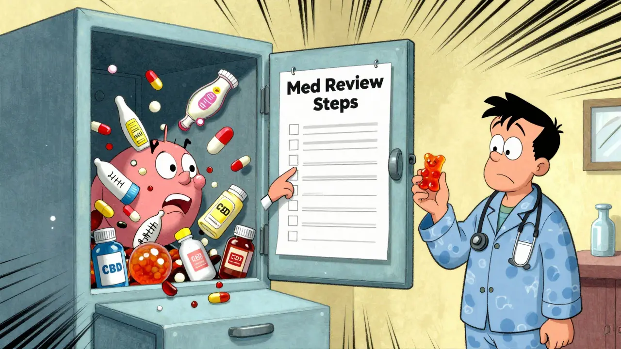 Pills and supplements burst from a medicine cabinet while a pharmacist calmly guides a confused man.
