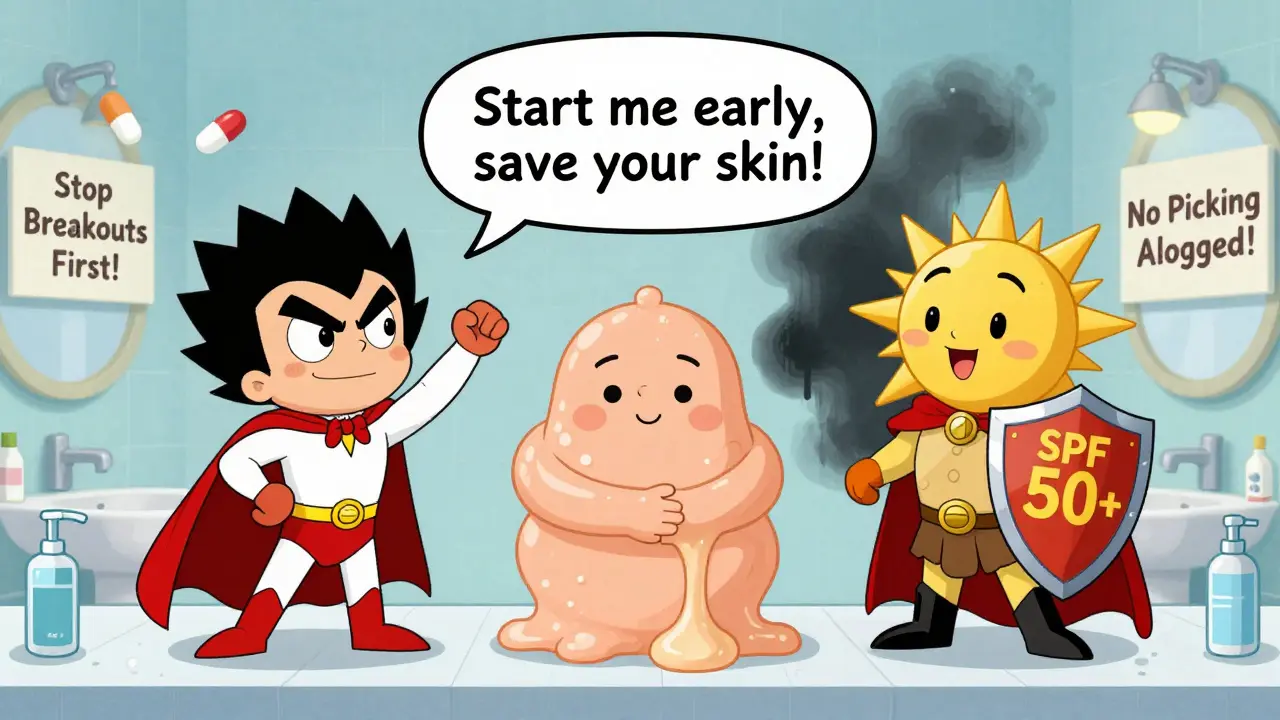 Skincare heroes Tretinoin, Silicone Gel, and SPF 50+ protect a face from sun damage in a cartoon bathroom.