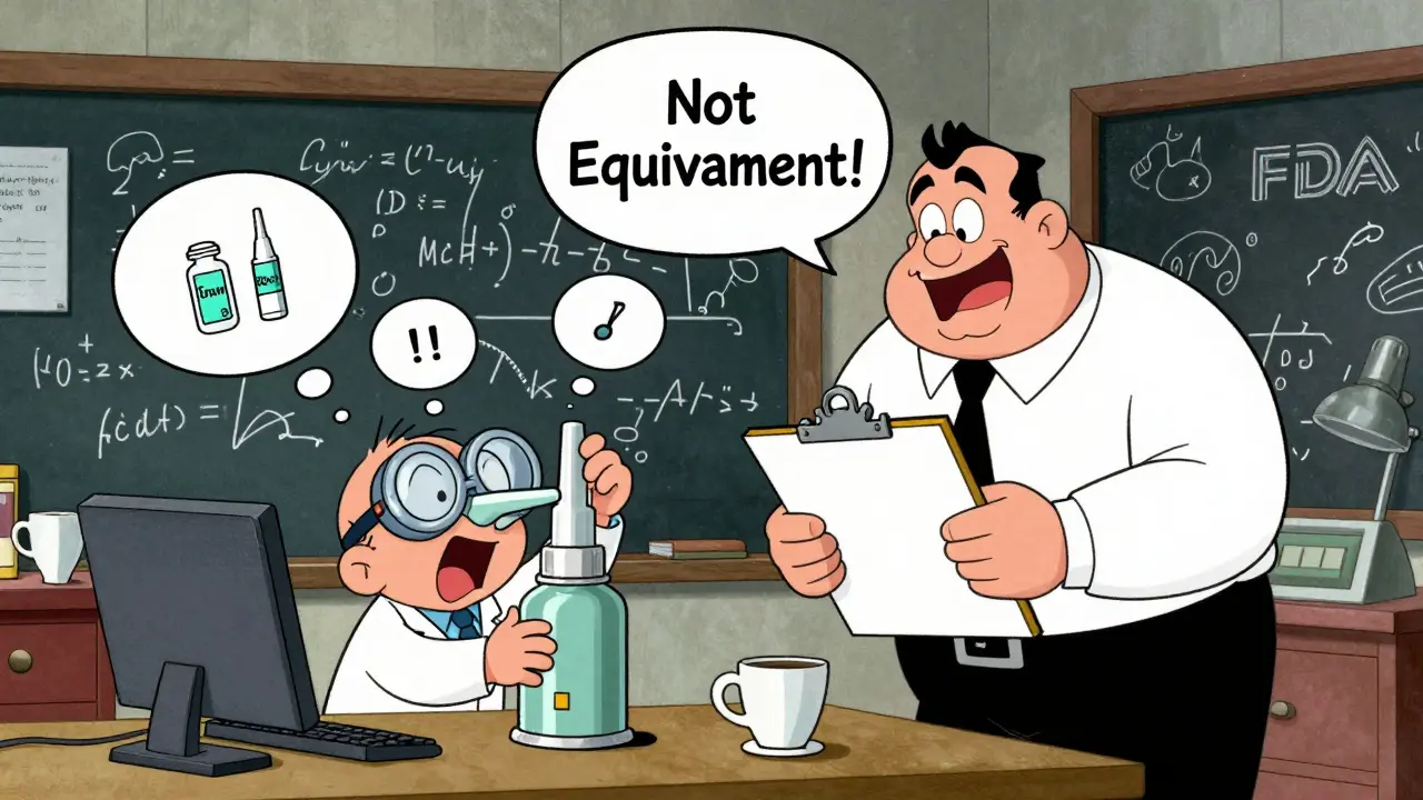 Tiny scientist trying to fix a nasal spray while a bureaucratic figure rejects it with no explanation.