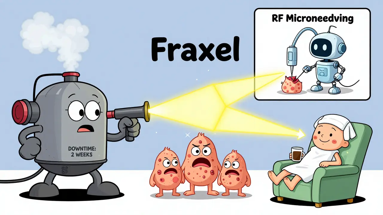 Two cartoon lasers battle acne scars while RF microneedling robot works nearby, with patient smiling.