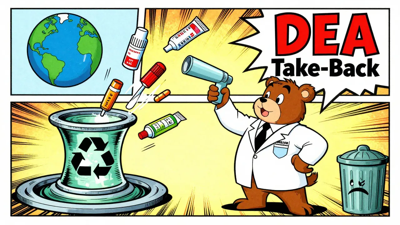 A hero sending expired medications into a take-back vortex, with smiling Earth above and a frowning trash can below.