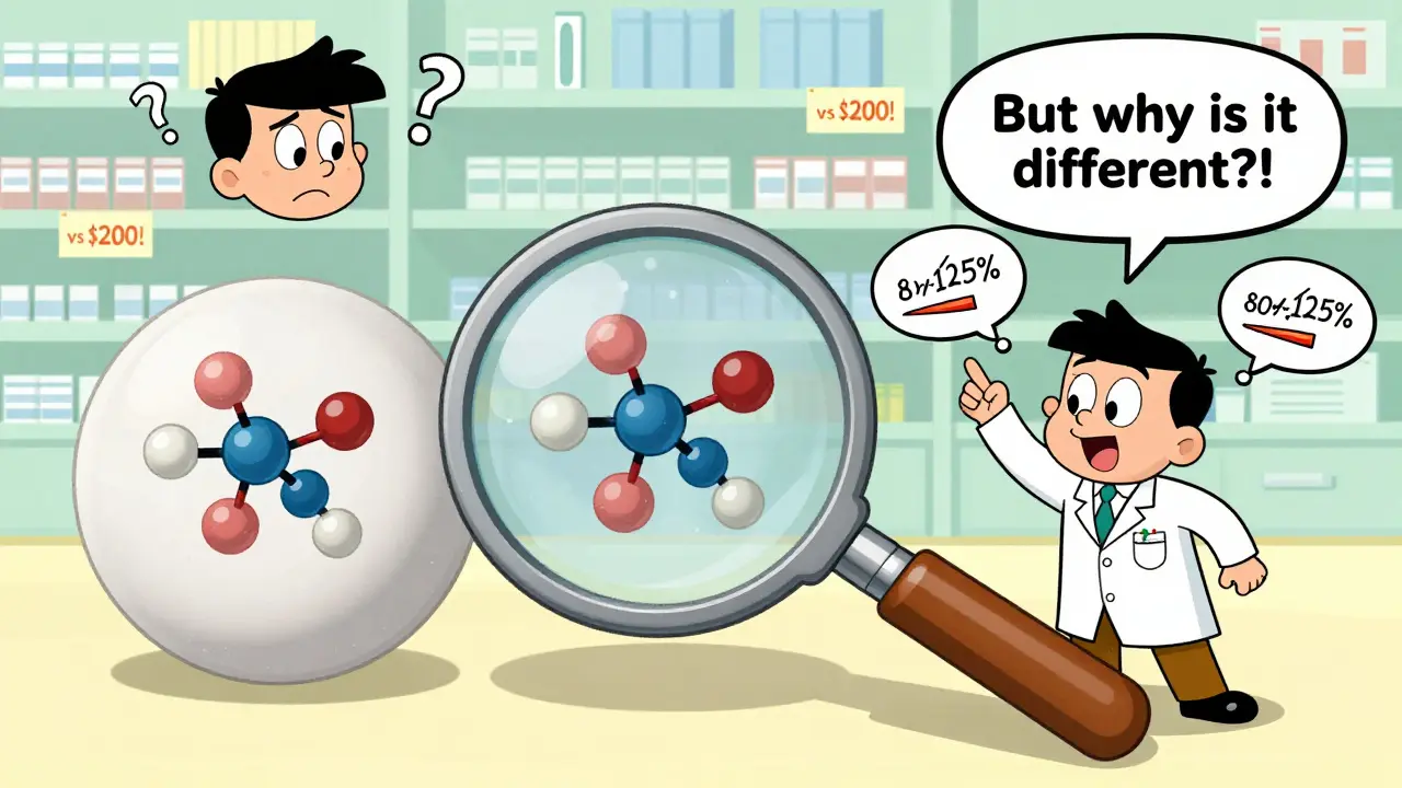 A magnifying glass reveals identical molecules inside branded and generic pills, with bioequivalence numbers floating in comic-style bubbles.