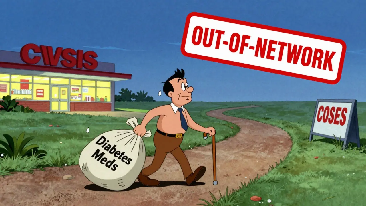 A man walks far to a distant pharmacy while his local store is closed, cartoon illustration.