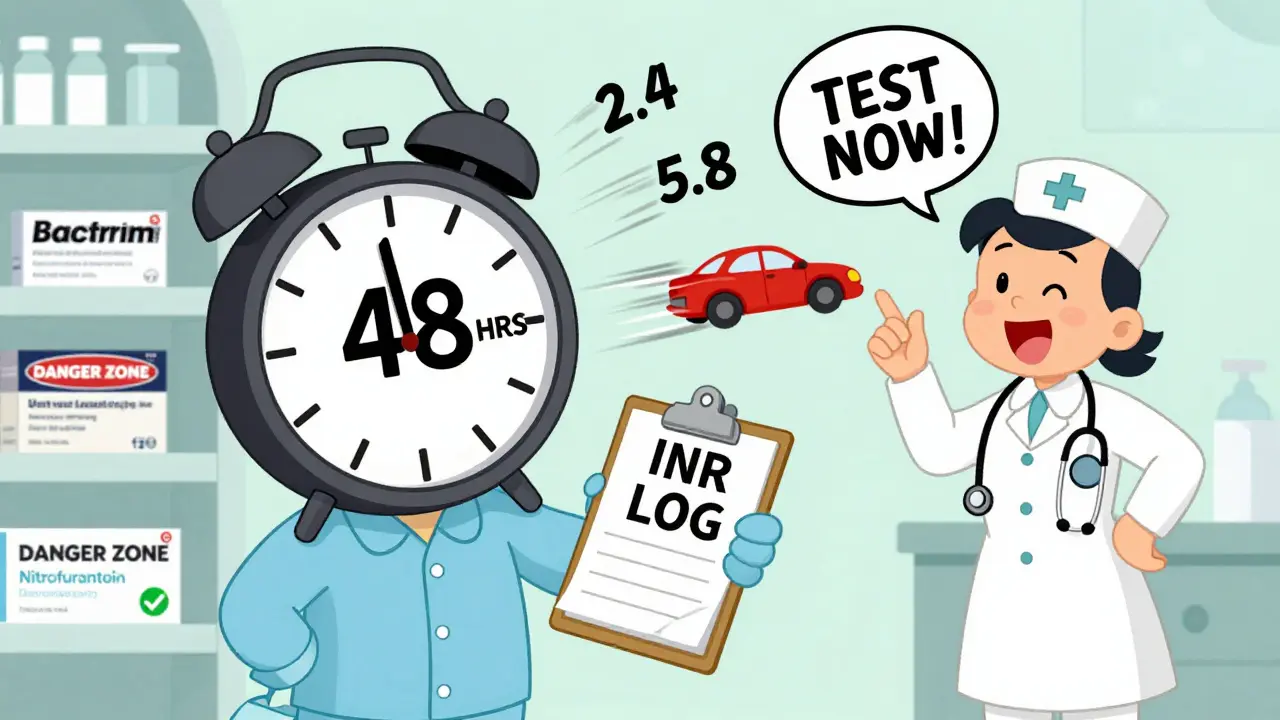 A patient monitors INR levels with a nurse warning to test within 48 hours of taking Bactrim.