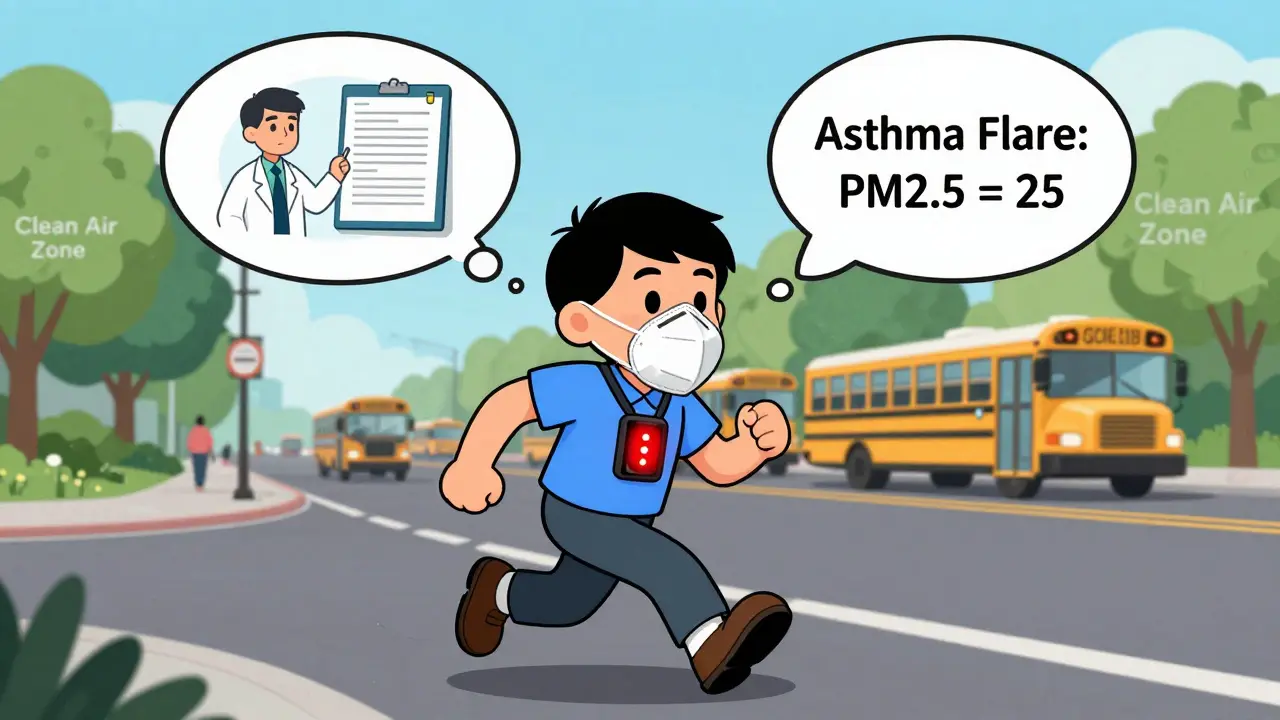 A person with a failing mask and personal air sensor, doctor reviewing asthma data on a screen.