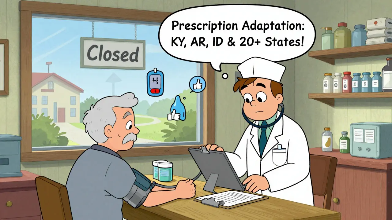 A pharmacist adjusts a blood pressure prescription for an elderly patient in a rural pharmacy.