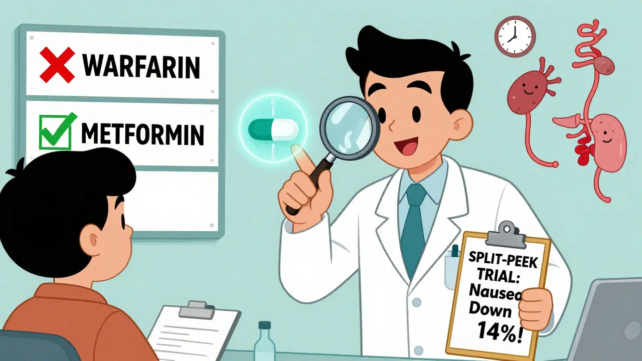 A pharmacist pointing at a futuristic pill with split lines, surrounded by warning signs for safe and unsafe medications.