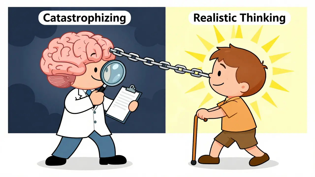 A therapist helping a patient pull out a heavy chain labeled 'Catastrophizing' to reveal a lighter chain labeled 'Realistic Thinking'.