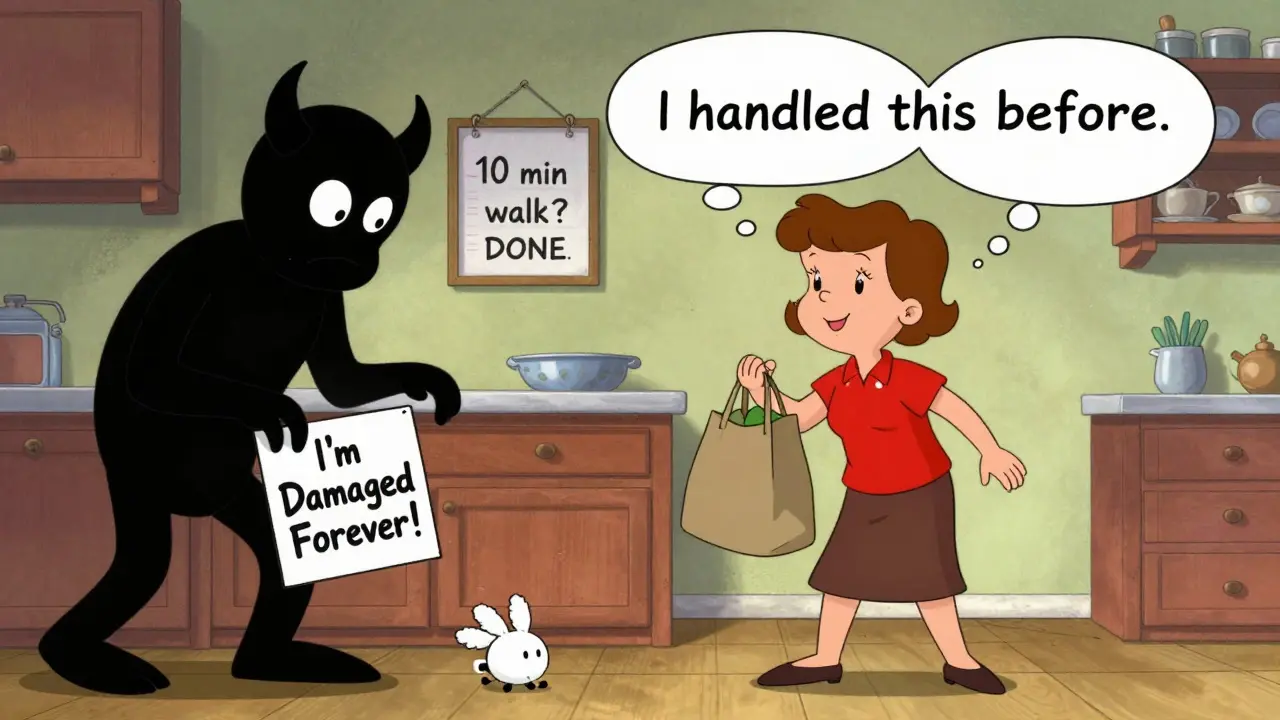 A woman carrying groceries while a cartoonish 'Catastrophe Monster' shrinks under the counter, symbolizing progress in CBT.