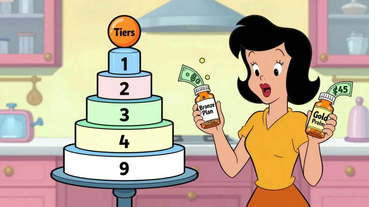 A woman compares two pill bottles with different prices, a tiered drug chart floats beside her.