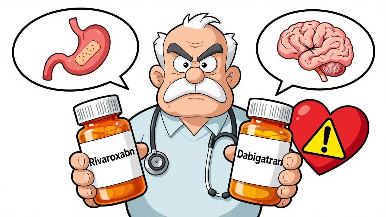 An old man holding three pill bottles with visual warnings for bleeding and heart risks.
