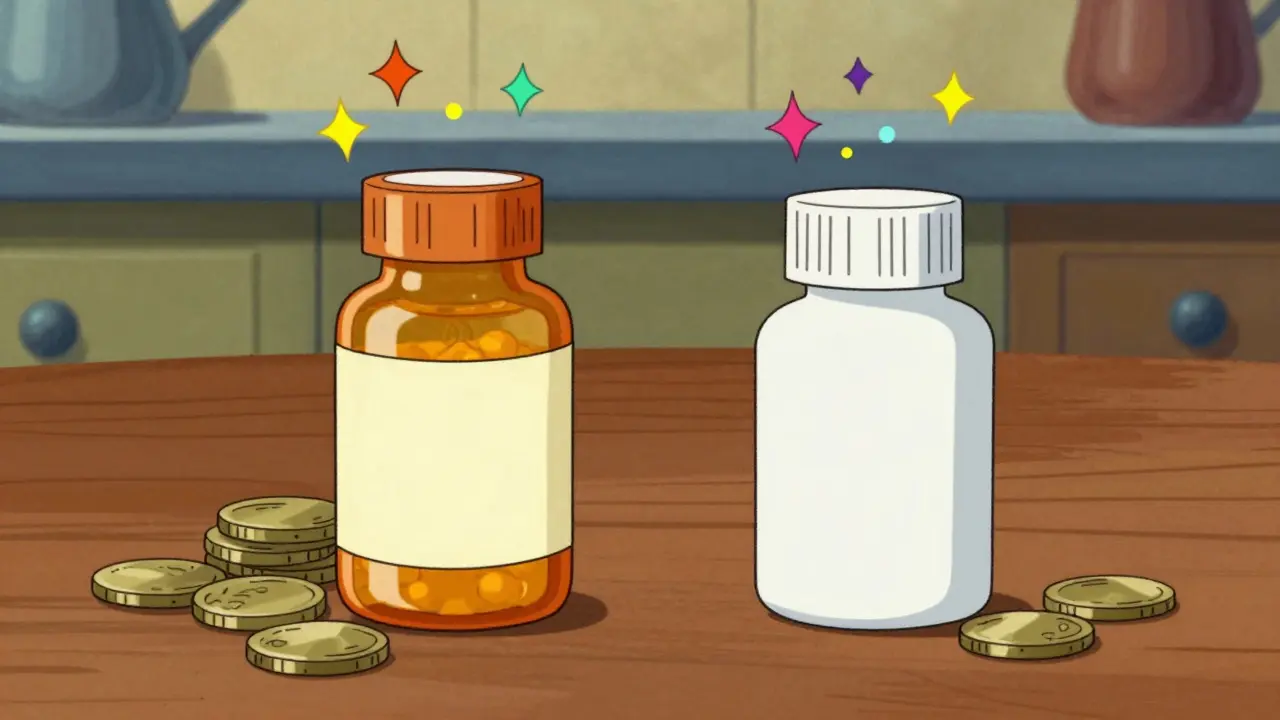 Cartoon comparing expensive brand pill to cheaper generic pill