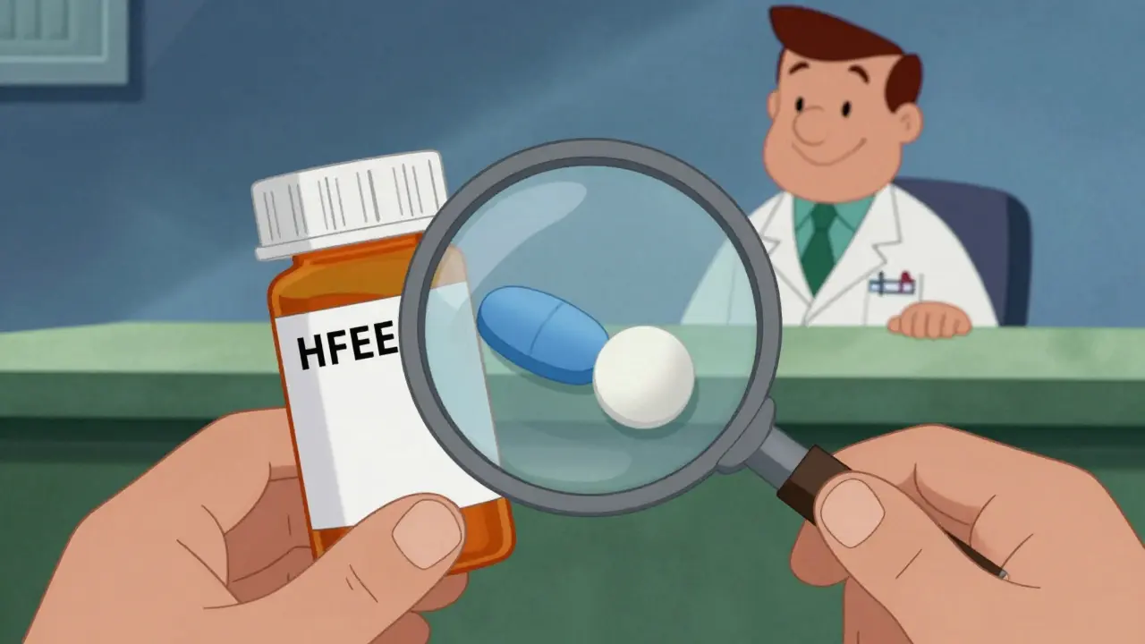 Cartoon person checking pills and label safely with magnifier