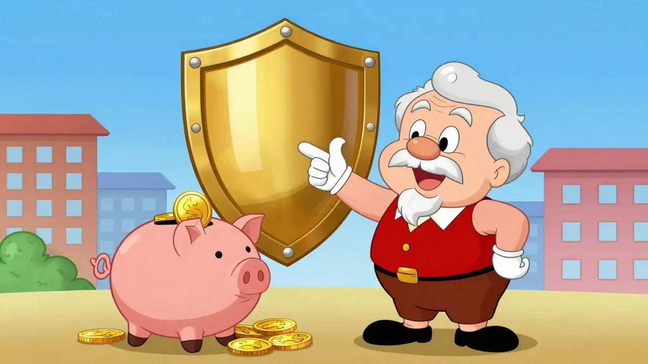 Cartoon senior pointing at protective shield covering savings.