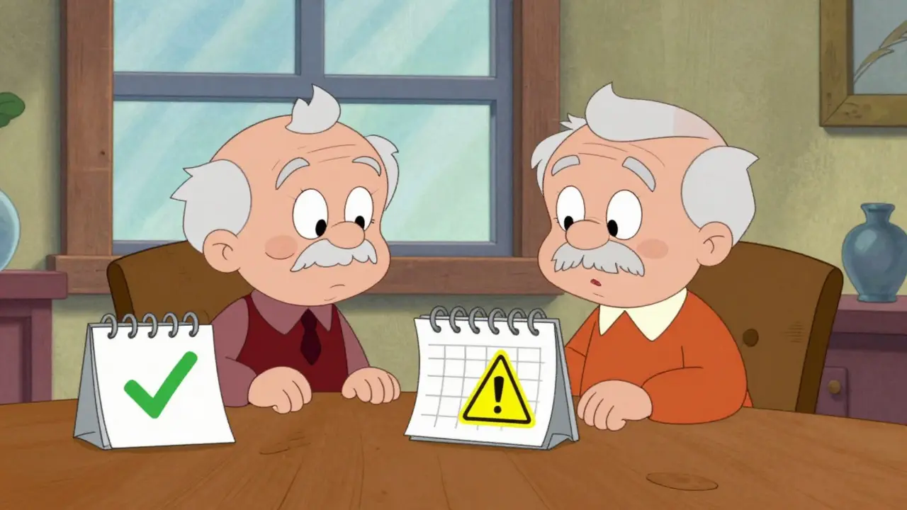 Cartoon seniors checking enrollment forms and calendars at home.