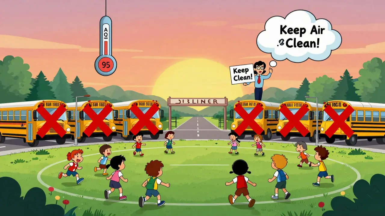 Children playing safely away from buses at school, with clean air signs and low AQI reading.
