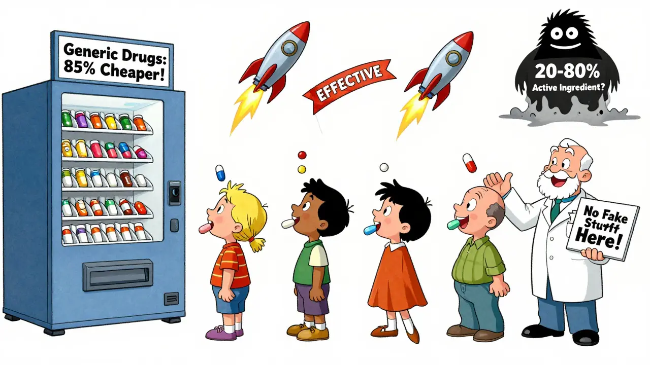 Diverse patients swallow generic pills that turn into rockets, while a melting 'Myth Monster' fades away in the background.